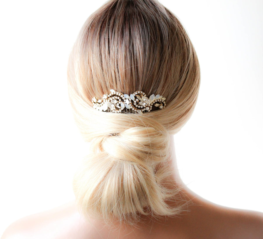 Gold Wedding hair comb with white crystals - DAKOTA - Treasures by Agnes