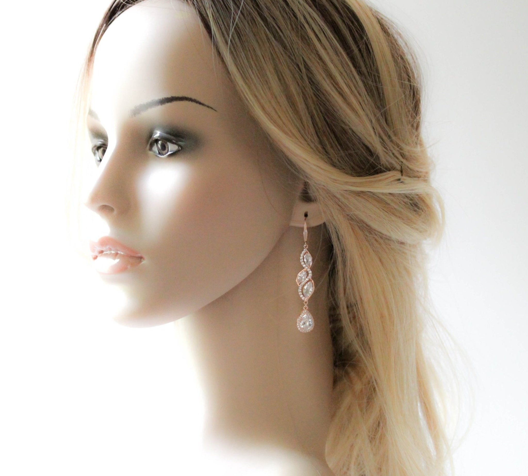 Long Rose gold teardrop earrings for bride - HADLEY