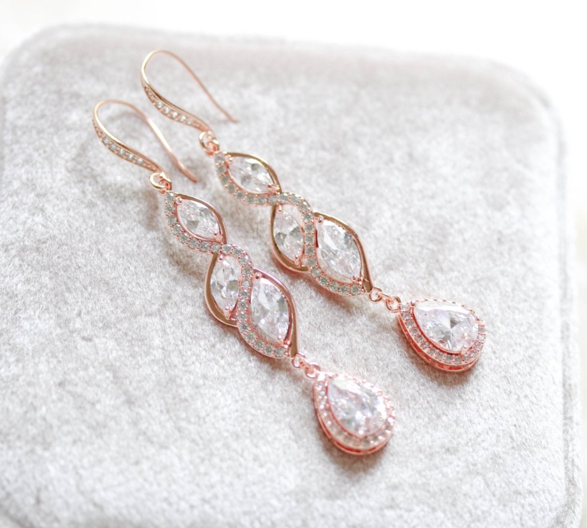 Long Rose gold teardrop earrings for bride - HADLEY