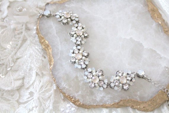 Ivory cream and White Opal Crystal Bridal bracelet - ROWAN - Treasures by Agnes