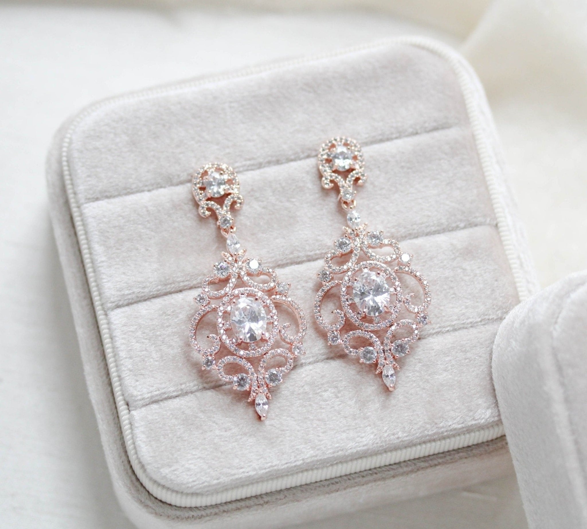 Rose gold chandelier bridal earrings - KENDRA 
