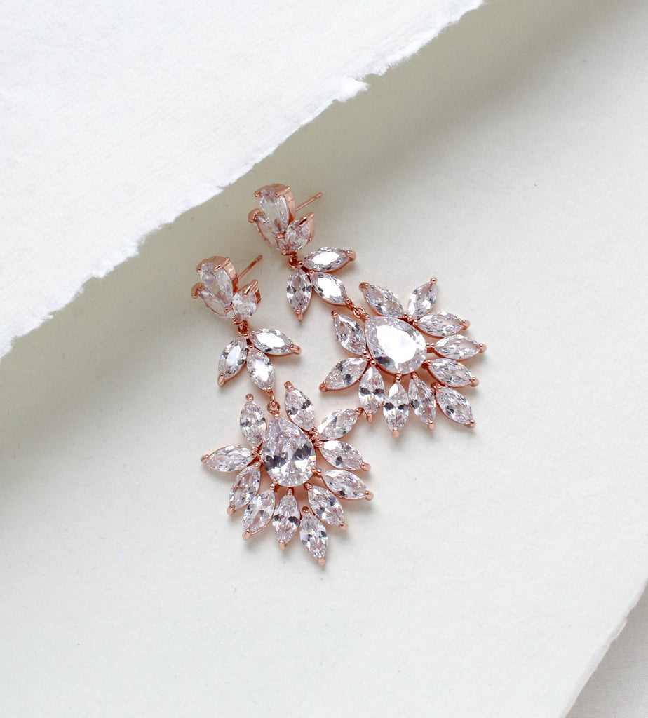 Large cubic zirconia rose gold bridal statement earrings - AVERY - Treasures by Agnes