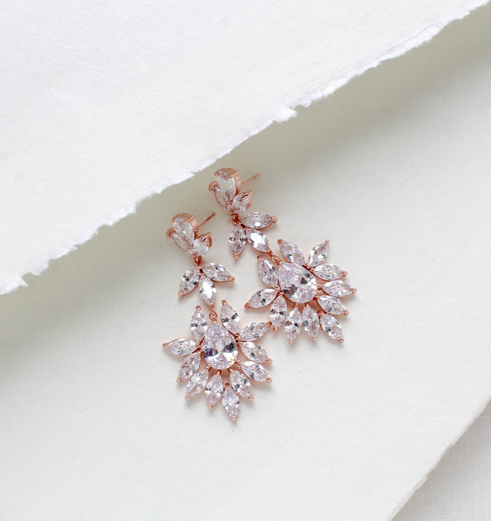 Large simulated diamond rose gold bridal statement earrings - AVERY - Treasures by Agnes
