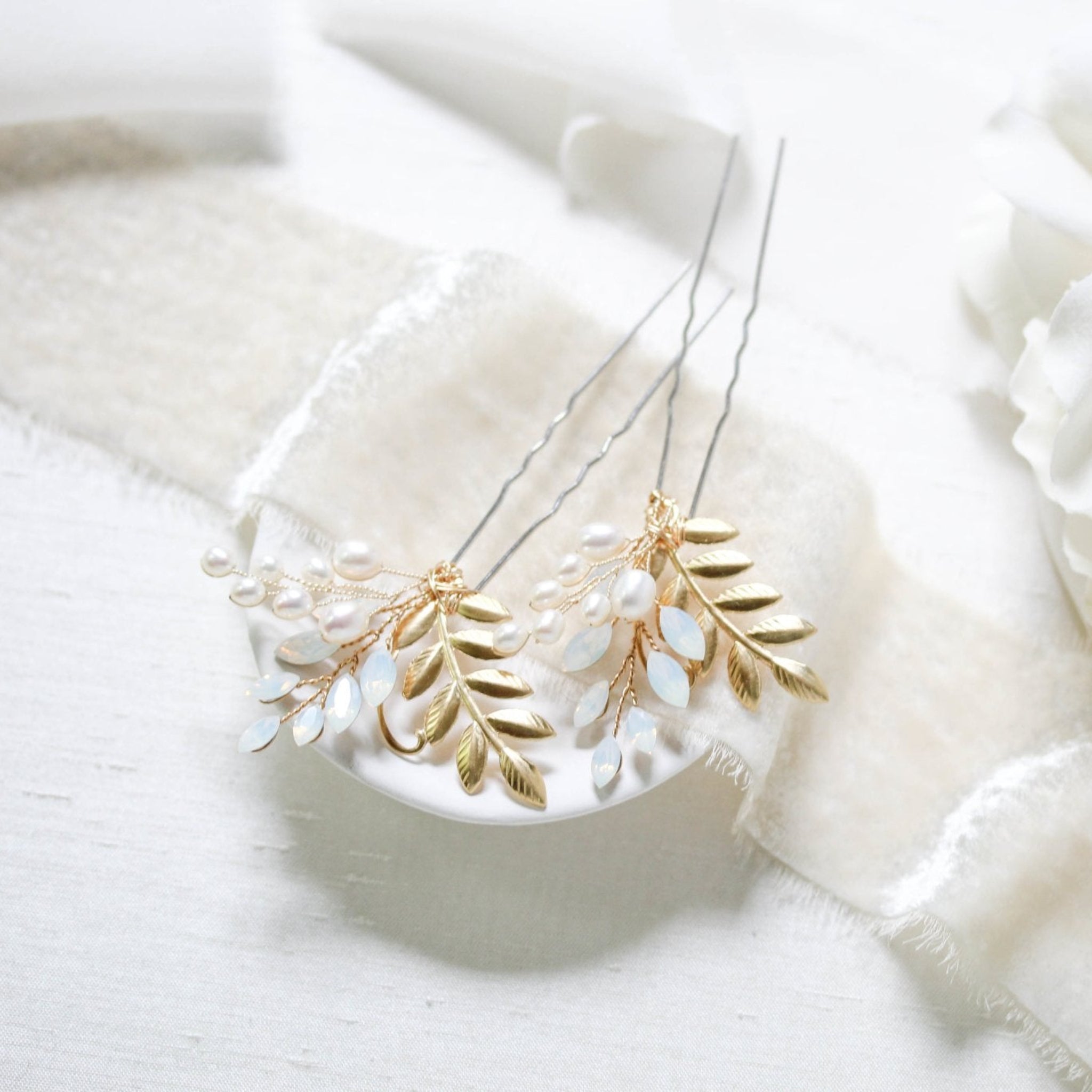 Brass leaf and Swarovski white opal hair pin - IVY - Treasures by Agnes