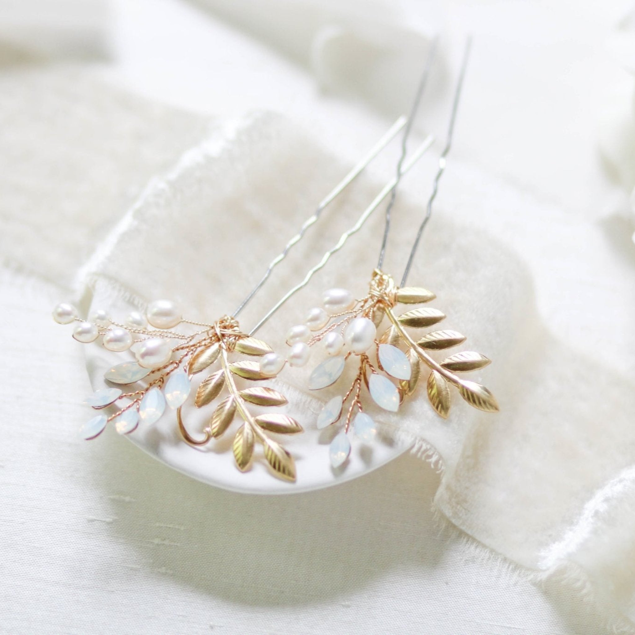 Brass leaf and Swarovski white opal hair pin - IVY - Treasures by Agnes