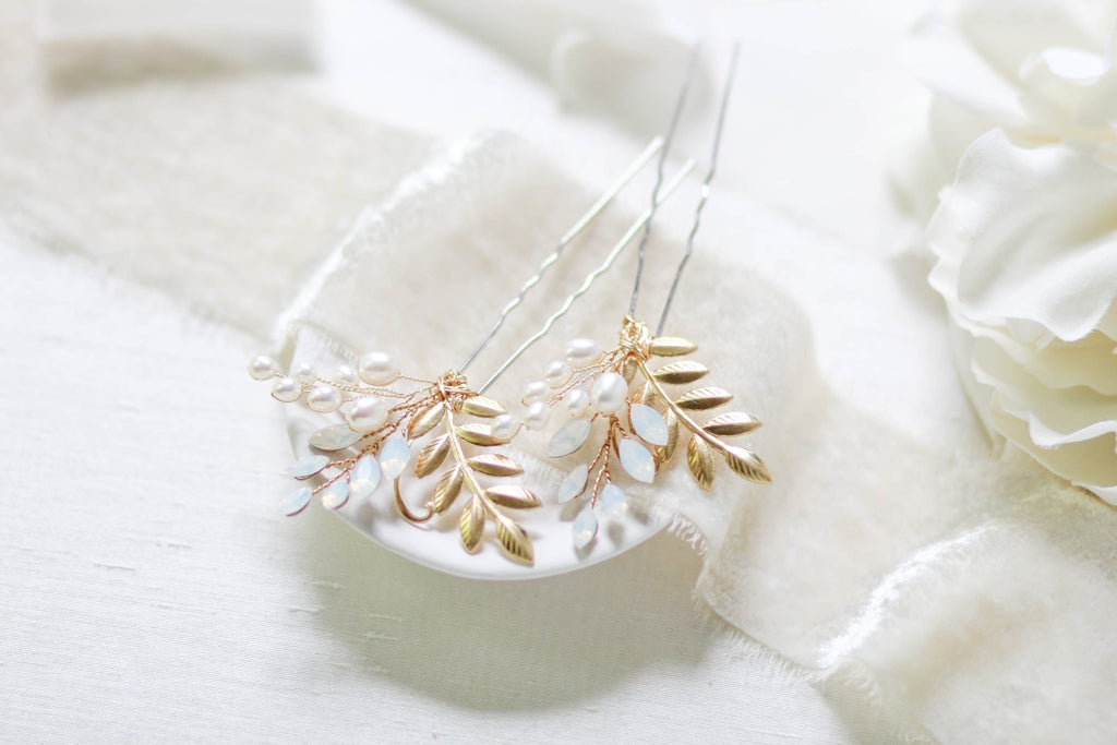 Brass leaf and Swarovski white opal hair pin - IVY - Treasures by Agnes