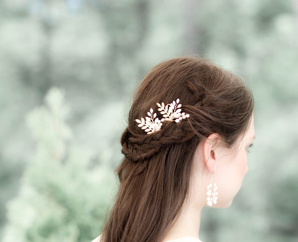 Brass leaf and Swarovski white opal hair pin - IVY - Treasures by Agnes