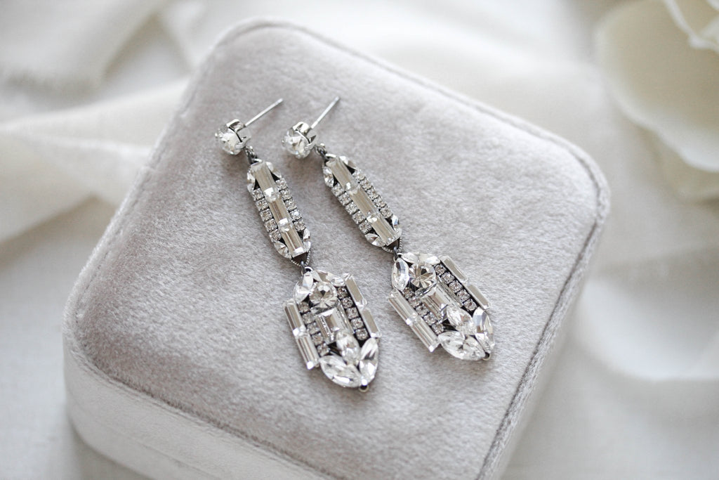 Long Art Deco Crystal Bridal earrings - LYDIA - Treasures by Agnes