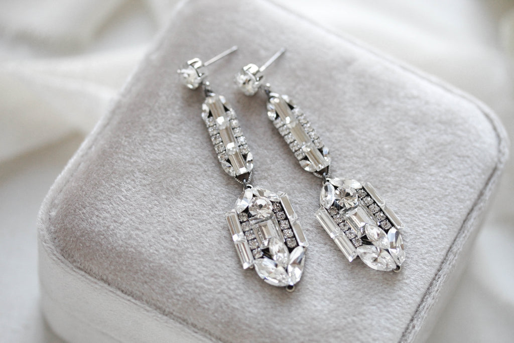 Long Art Deco Crystal Bridal earrings - LYDIA - Treasures by Agnes