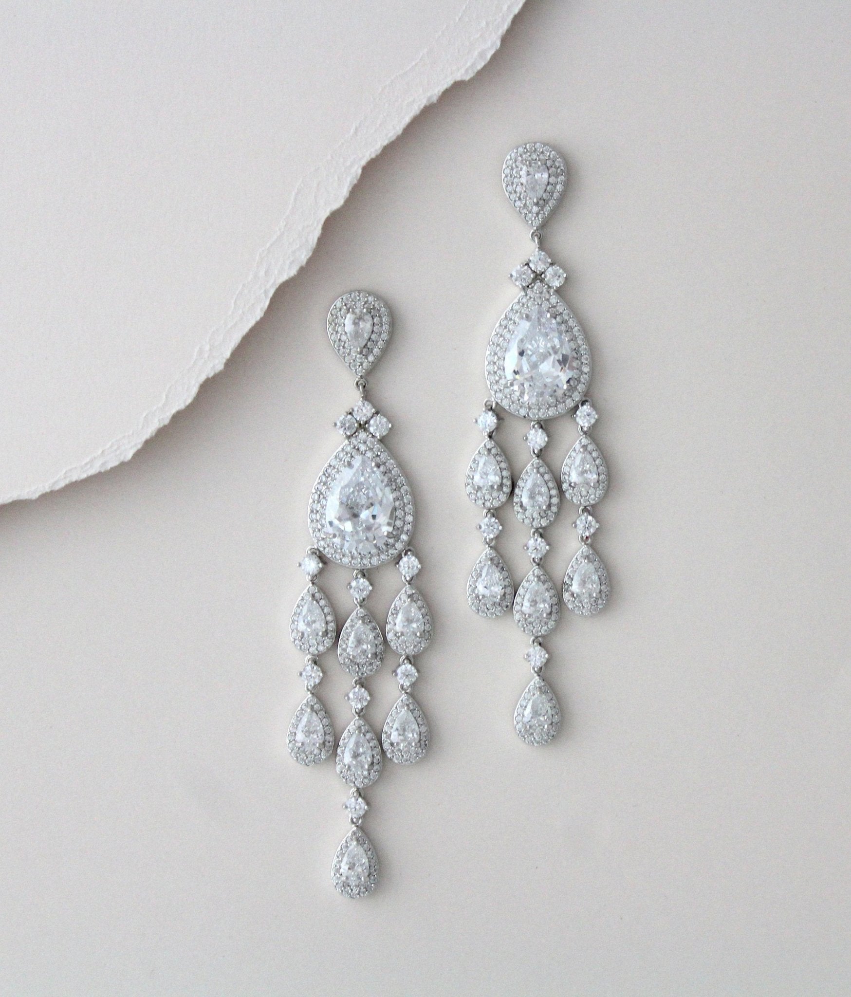 Long chandelier style statement earrings with crystal drops - Farah - Treasures by Agnes