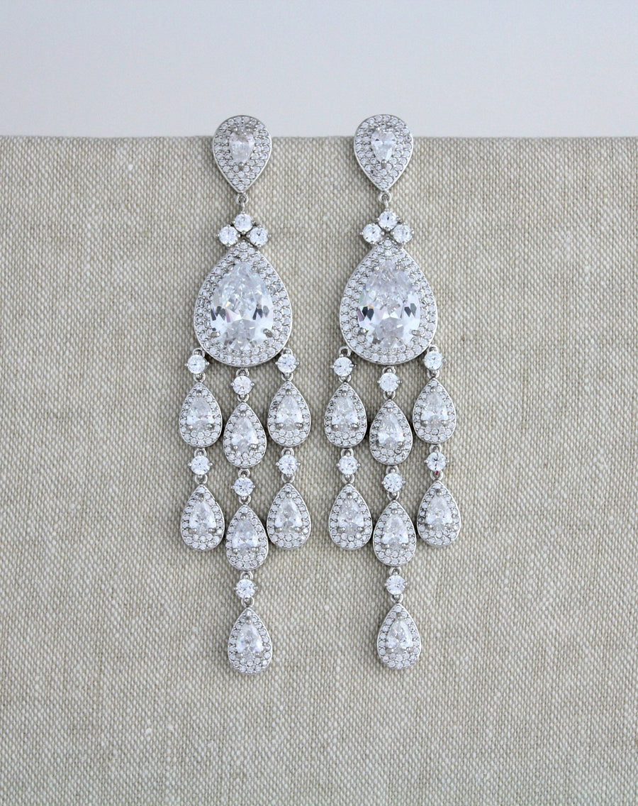 Long chandelier style statement earrings with crystal drops - Farah - Treasures by Agnes
