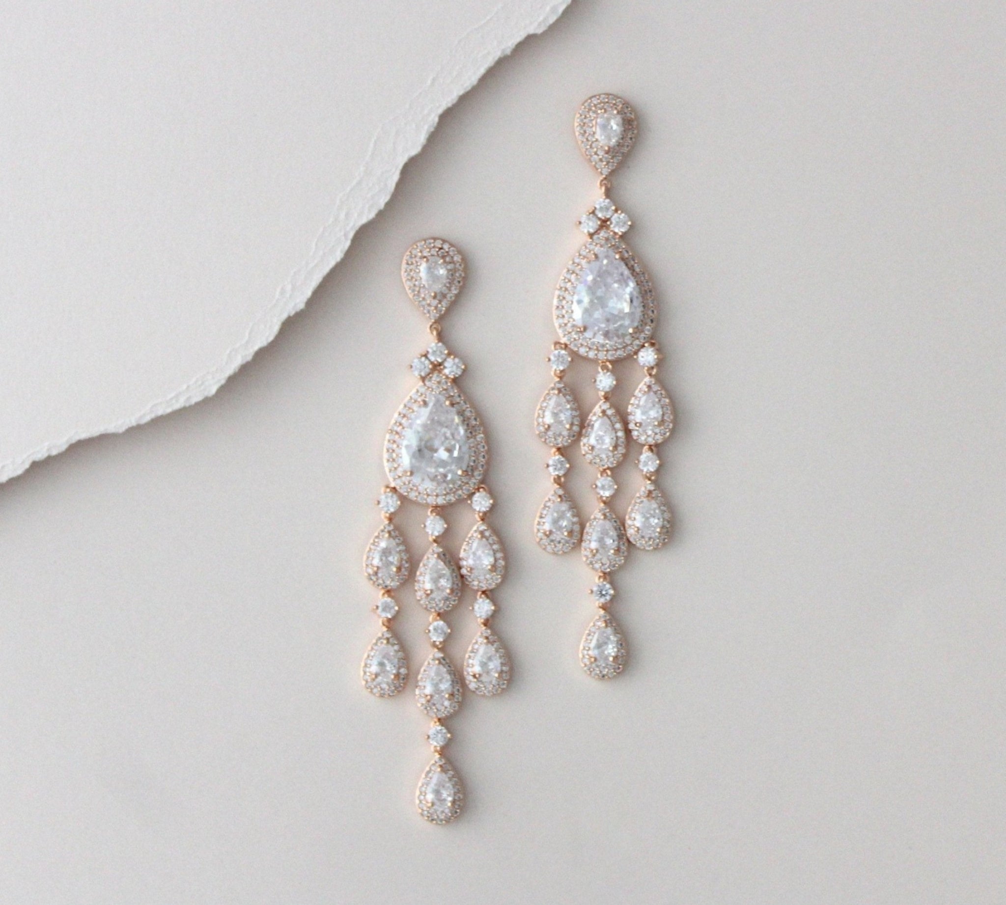 Long chandelier style statement earrings with crystal drops - Farah - Treasures by Agnes