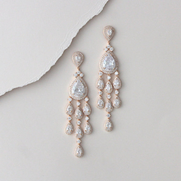 Long chandelier style statement earrings with crystal drops - Farah - Treasures by Agnes