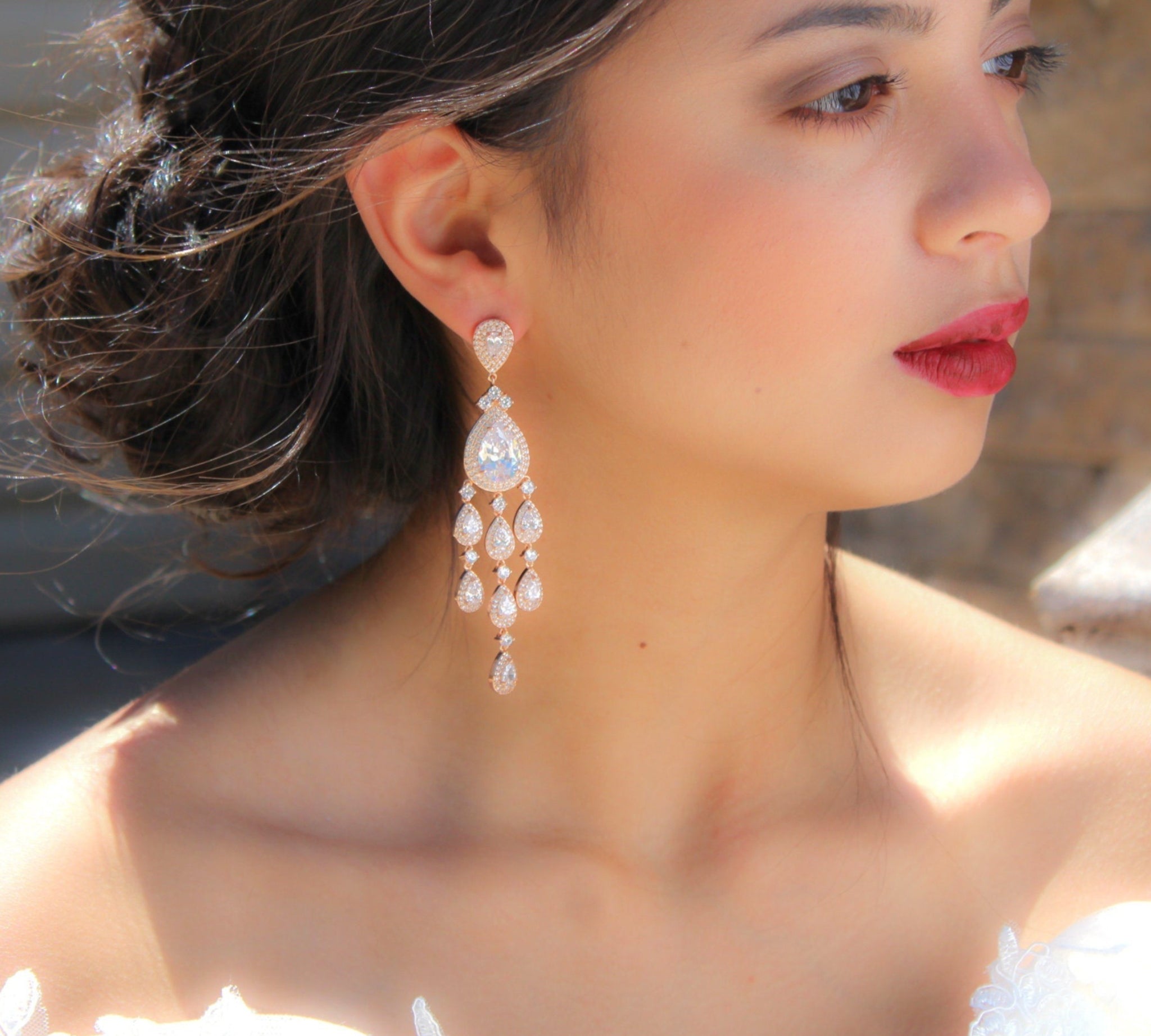 Long chandelier style statement earrings with crystal drops - Farah - Treasures by Agnes