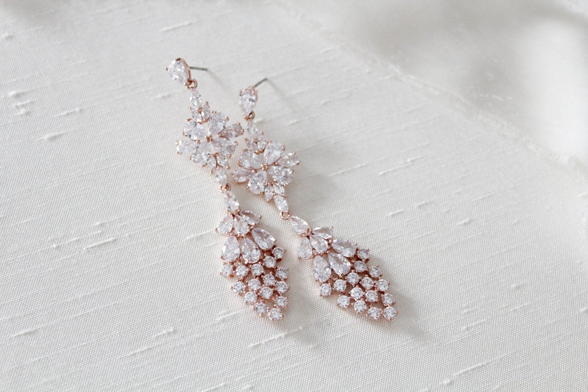 Long cubic zirconia Rose gold bridal earrings - SUMMER