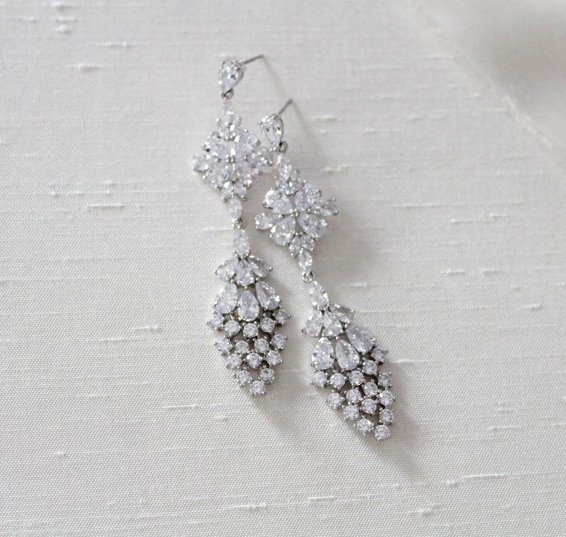 Long cubic zirconia Rose gold bridal earrings - SUMMER