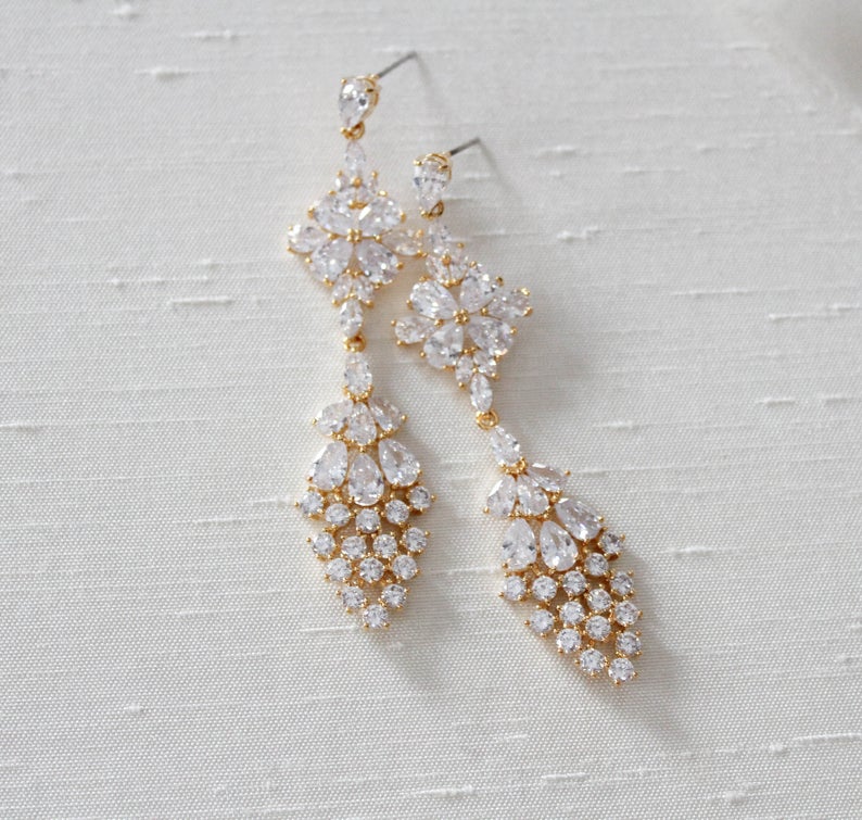 Long cubic zirconia Rose gold bridal earrings - SUMMER