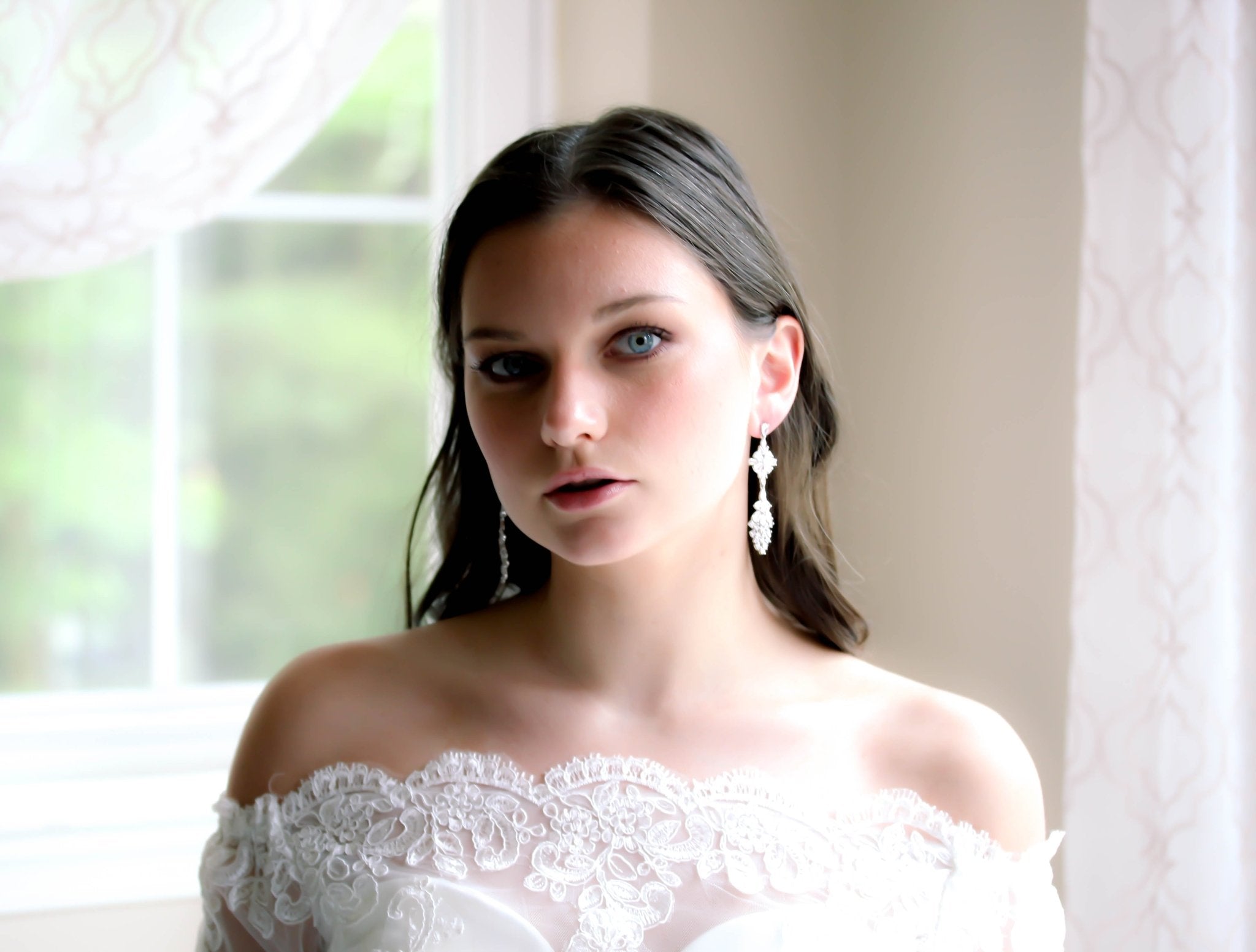 Long cubic zirconia Rose gold bridal earrings - SUMMER