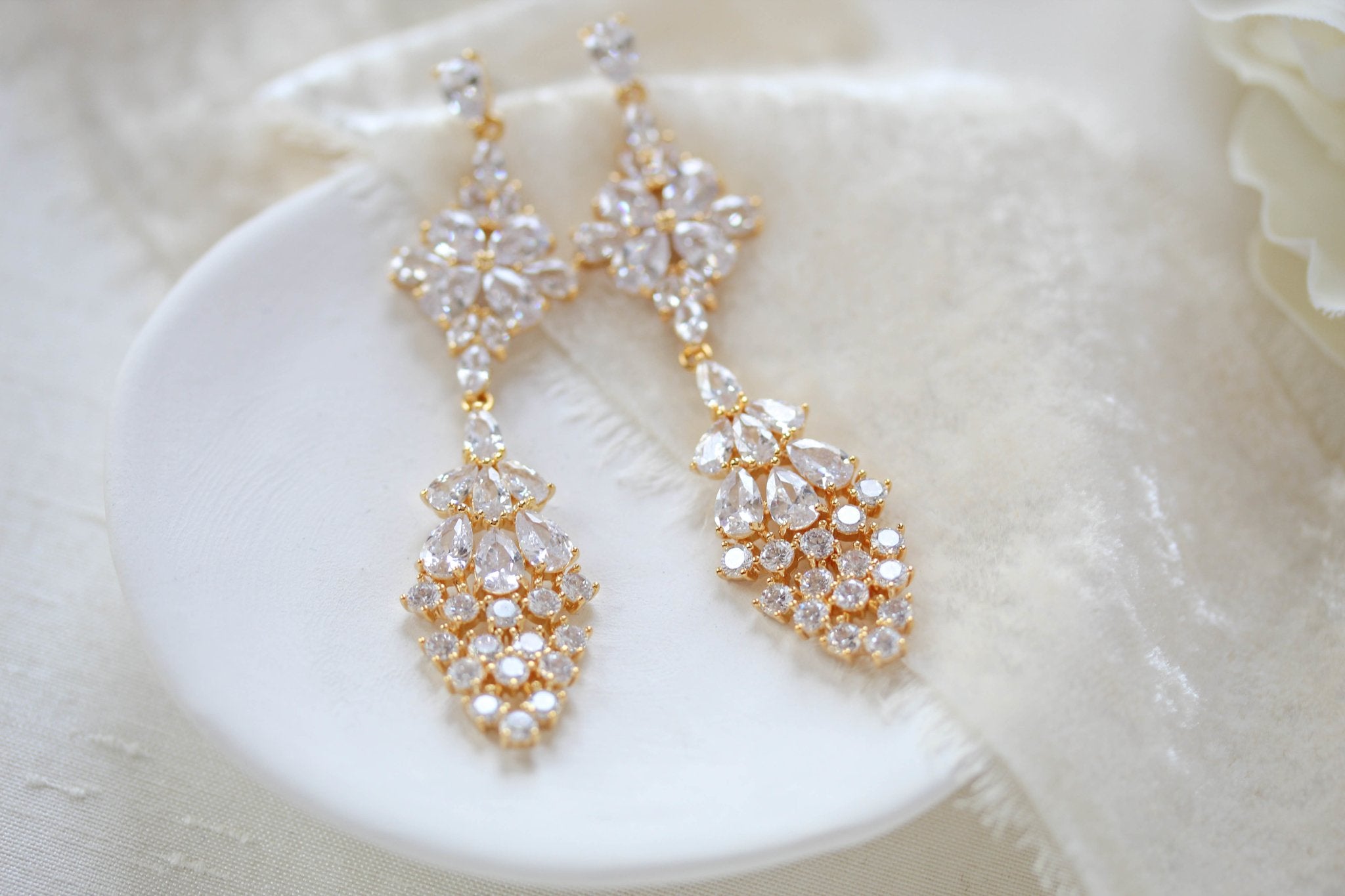 Long cubic zirconia Rose gold bridal earrings - SUMMER