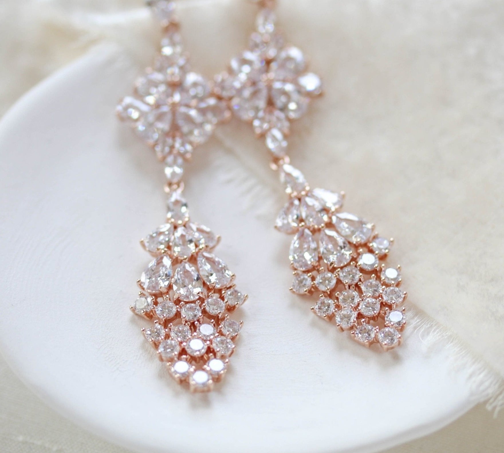 Long cubic zirconia Rose gold bridal earrings - SUMMER