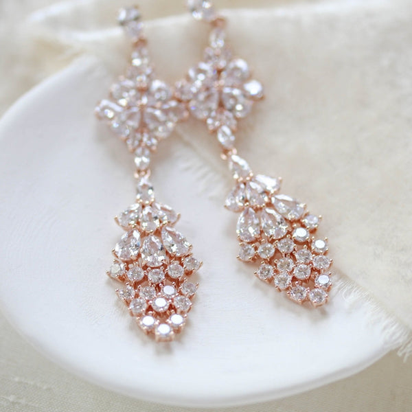 Long cubic zirconia Rose gold bridal earrings - SUMMER