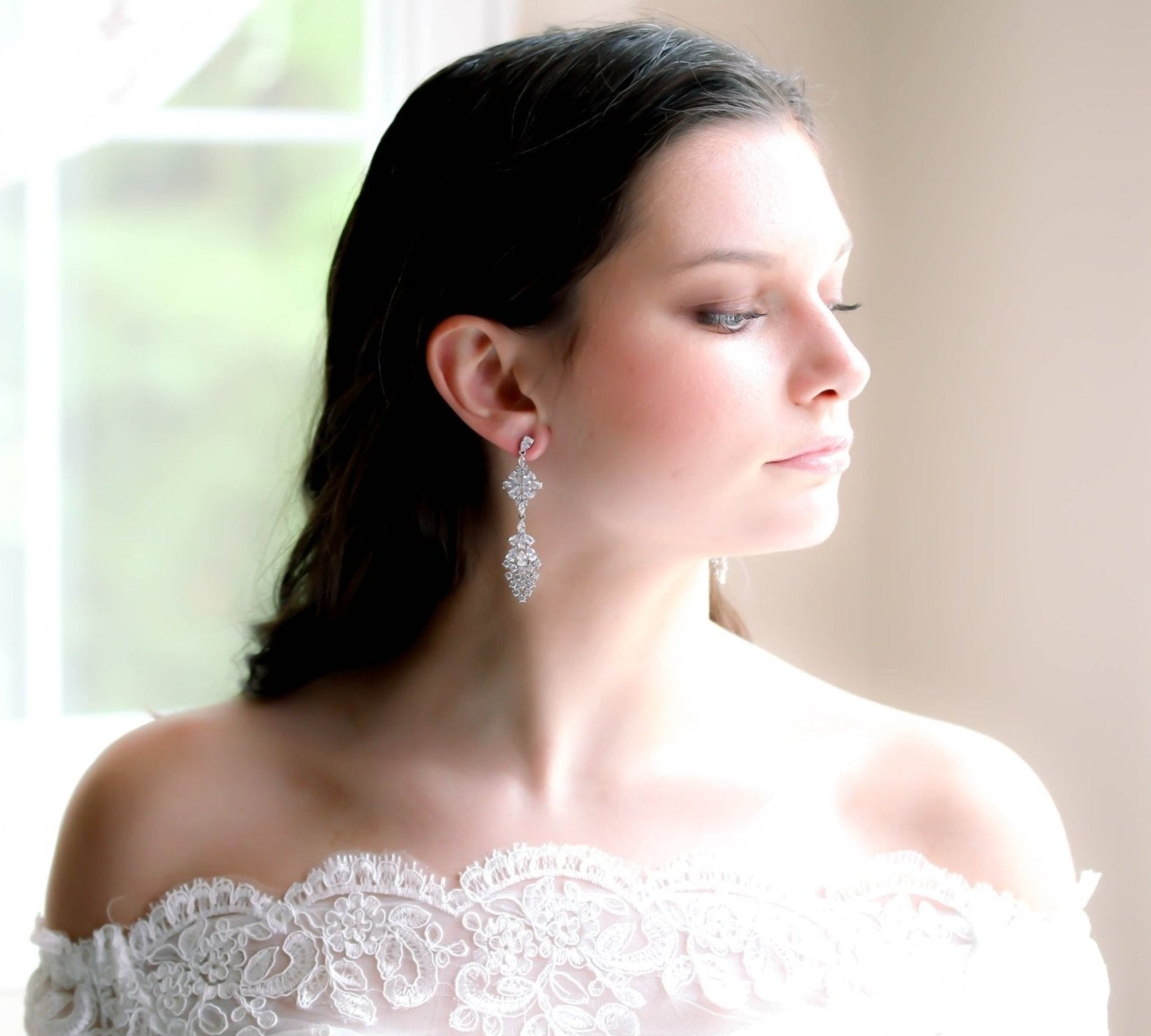 Long cubic zirconia Rose gold bridal earrings - SUMMER
