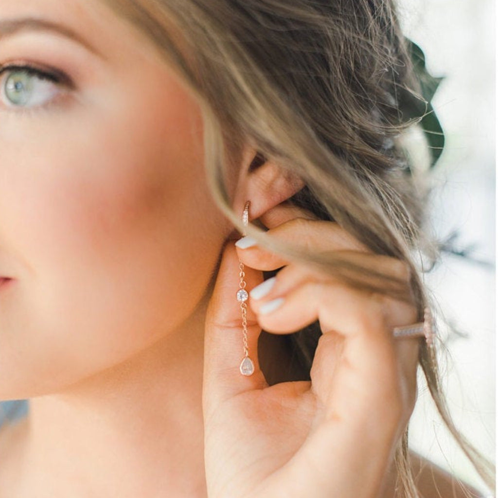 Long Dainty Rose gold CZ earrings for bride - KAYLA - Treasures by Agnes