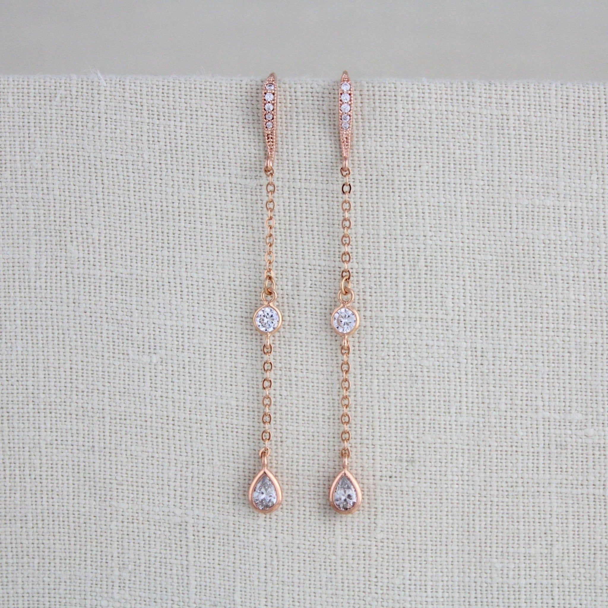 Long Dainty Rose gold CZ earrings for bride - KAYLA - Treasures by Agnes