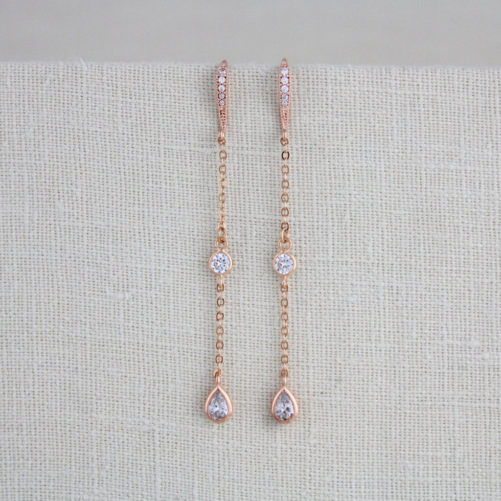 Long Dainty Rose gold CZ earrings for bride - KAYLA - Treasures by Agnes