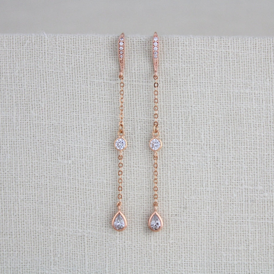 Long Dainty Rose gold CZ earrings for bride - KAYLA - Treasures by Agnes