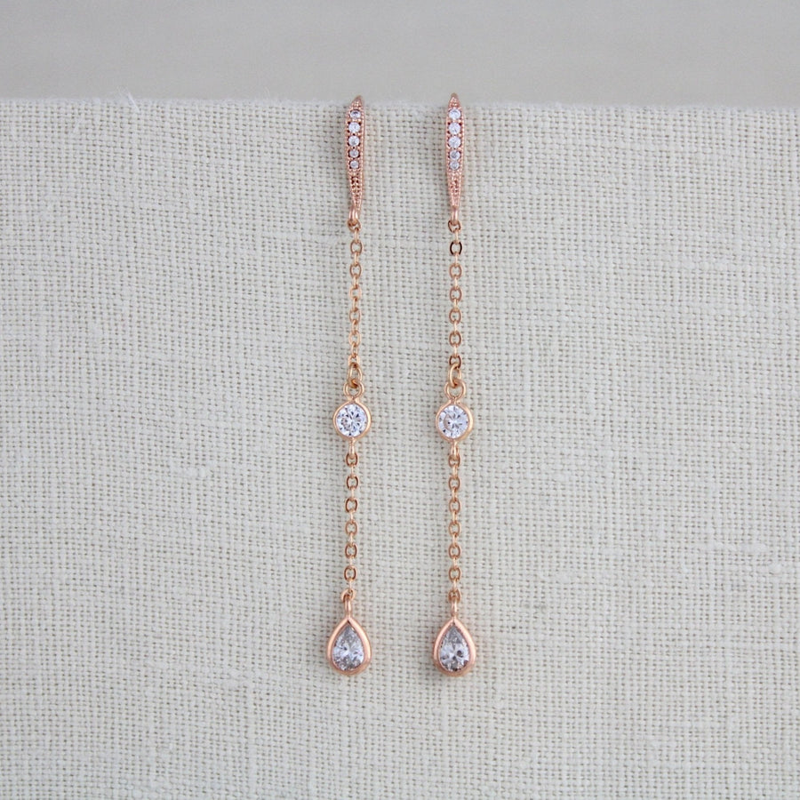Long Dainty Rose gold CZ earrings for bride - KAYLA - Treasures by Agnes