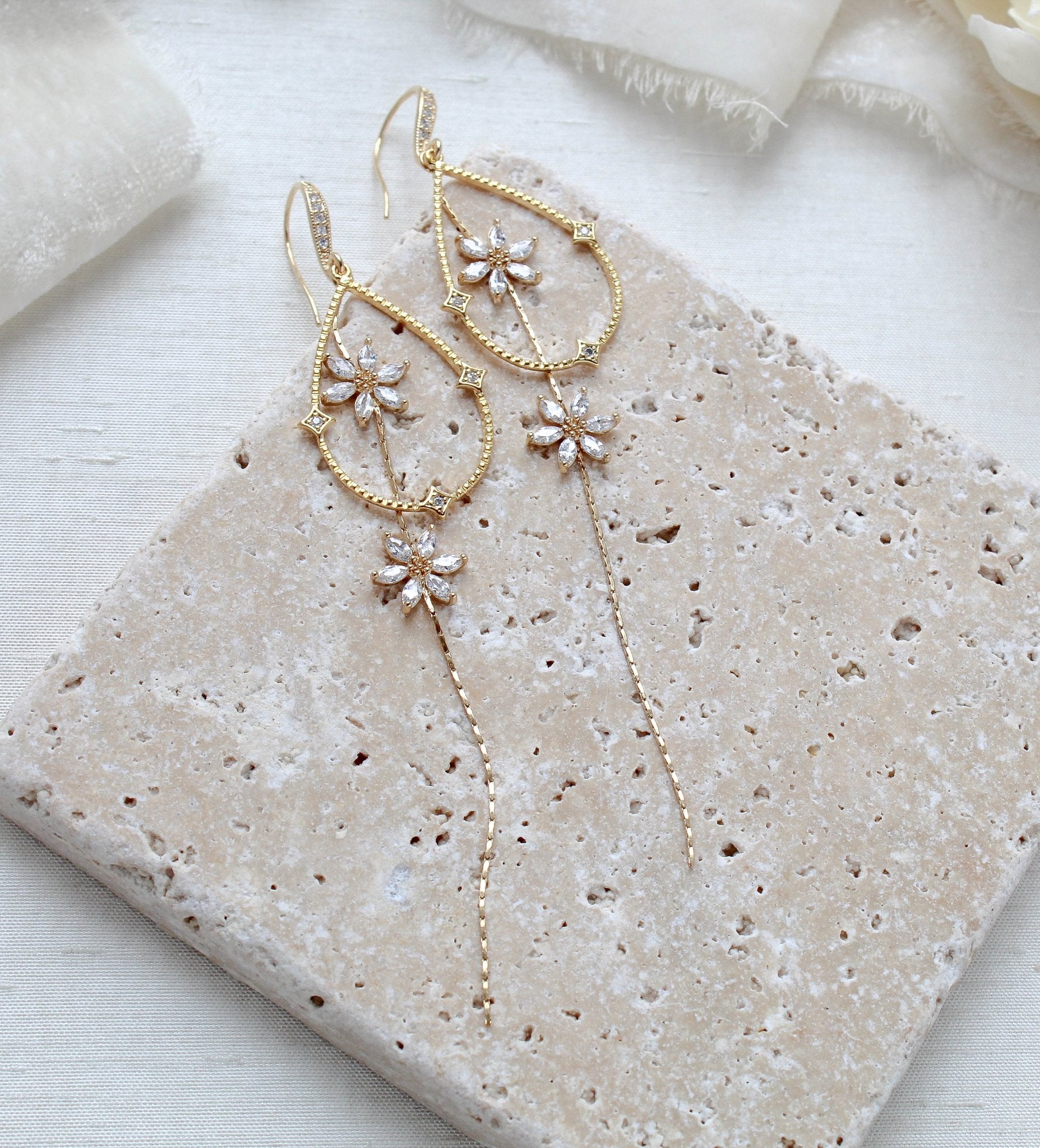 Long gold minimalist statement Bridal earrings - SERAPHENA - Treasures by Agnes