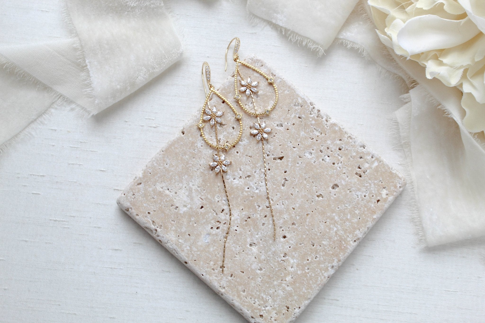 Long gold minimalist statement Bridal earrings - SERAPHENA - Treasures by Agnes