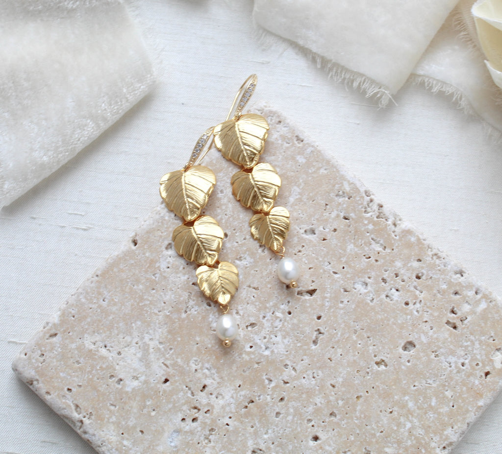 Long gold pearl earrings with cascading leaves - DELANEY - Treasures by Agnes