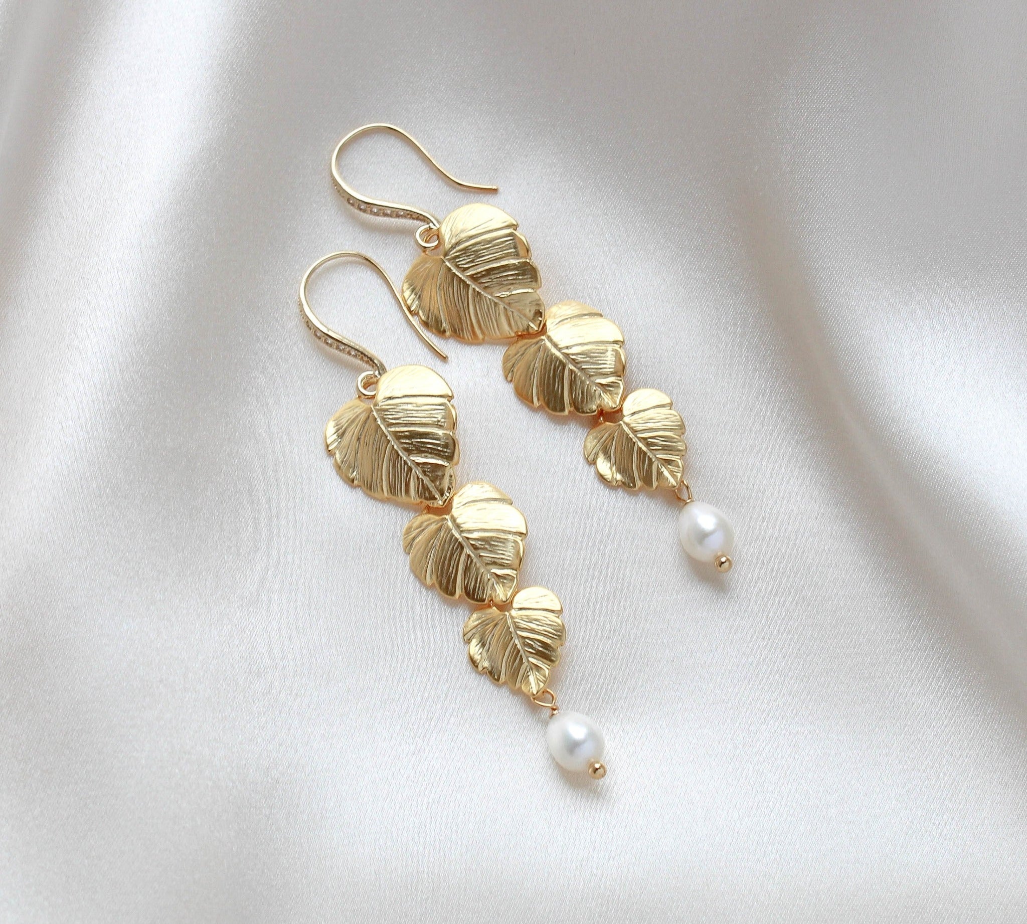 Long gold pearl earrings with cascading leaves - DELANEY - Treasures by Agnes