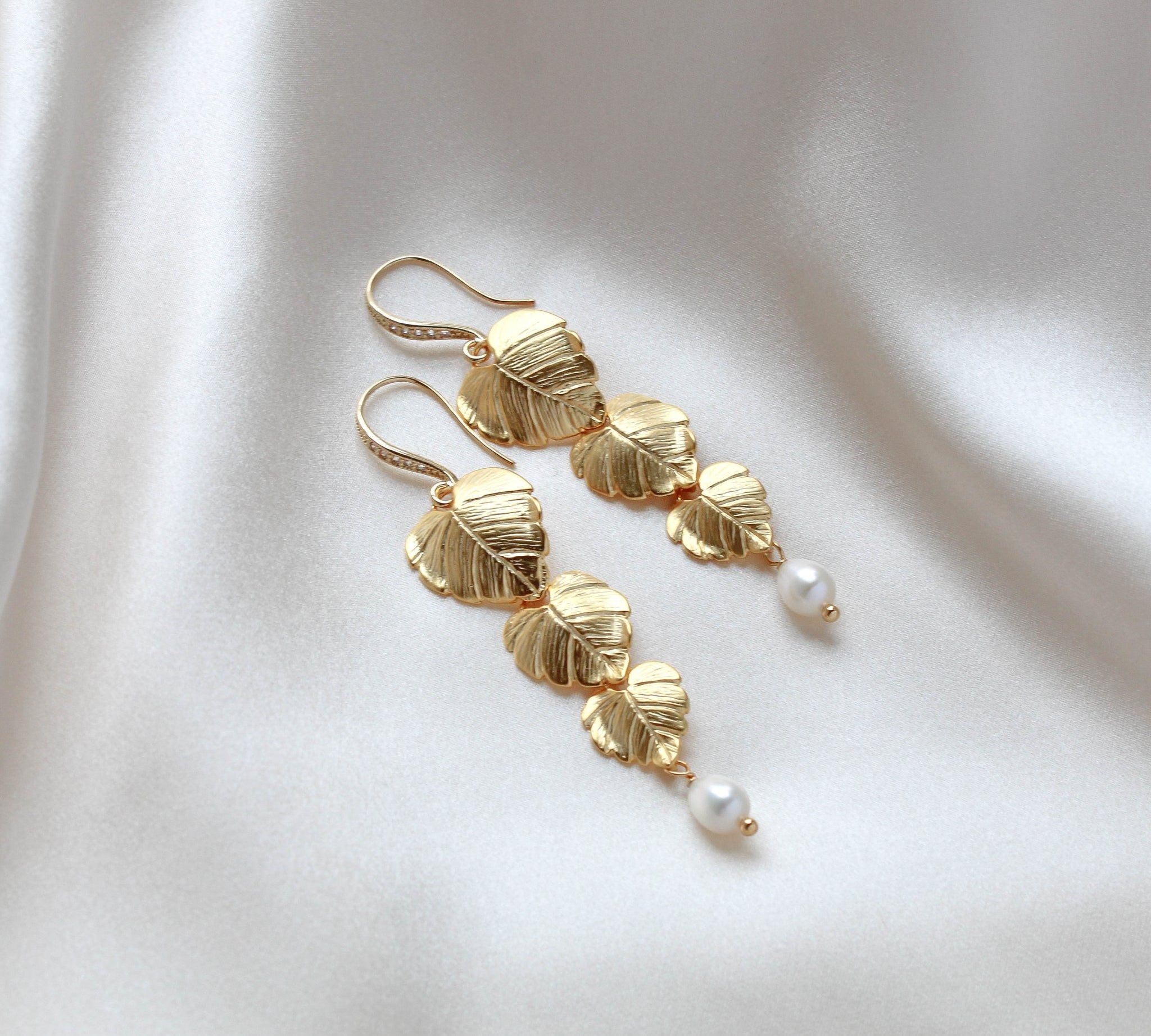 Long gold pearl earrings with cascading leaves - DELANEY - Treasures by Agnes
