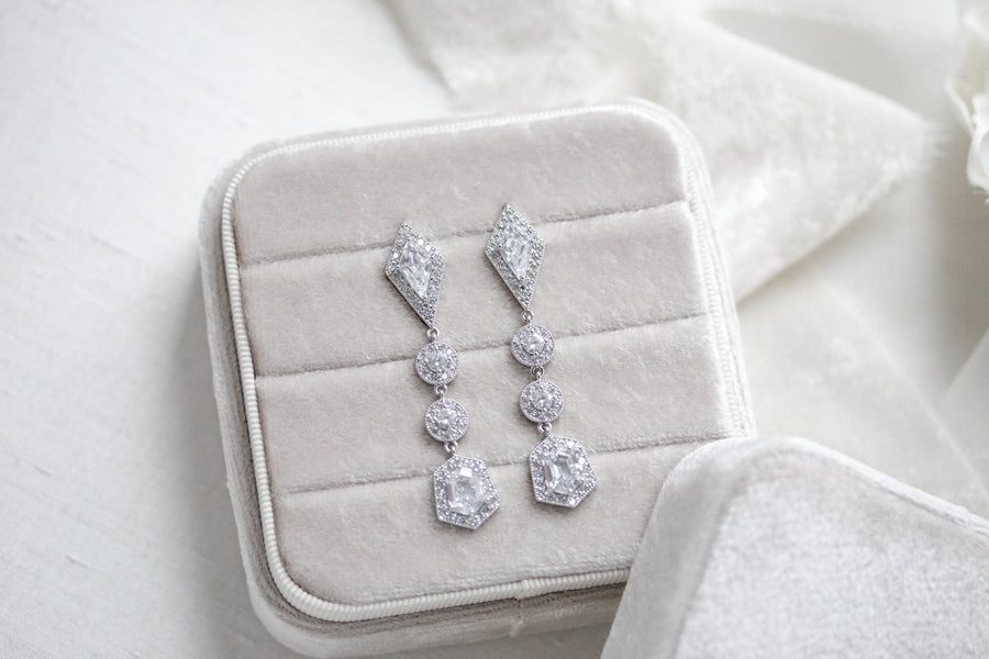 Long Rose gold Bridal earrings with Empress cut gemstones - MONROE