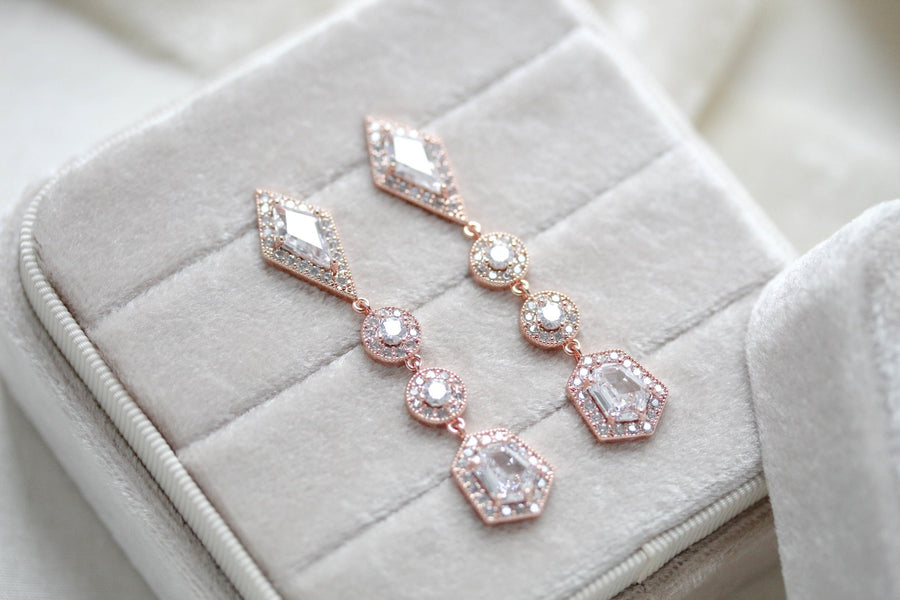 Long Rose gold Bridal earrings with Empress cut gemstones - MONROE