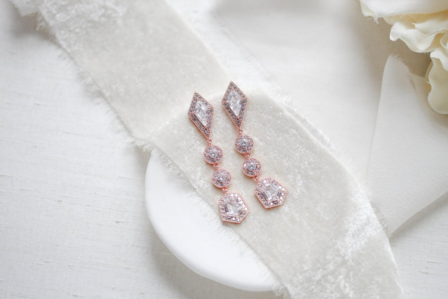 Long Rose gold Bridal earrings with Empress cut gemstones - MONROE