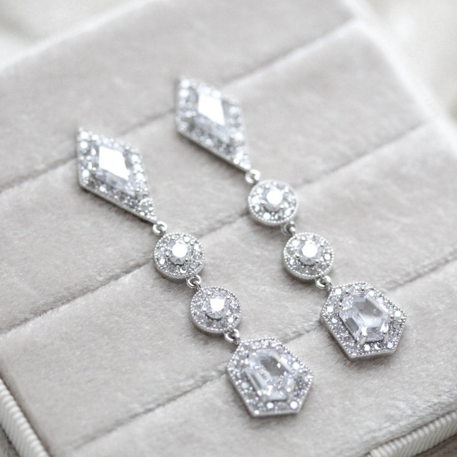 Long Rose gold Bridal earrings with Empress cut gemstones - MONROE