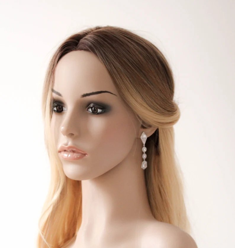 Long Rose gold Bridal earrings with Empress cut gemstones - MONROE