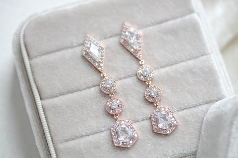 Long Rose gold Bridal earrings with Empress cut gemstones - MONROE