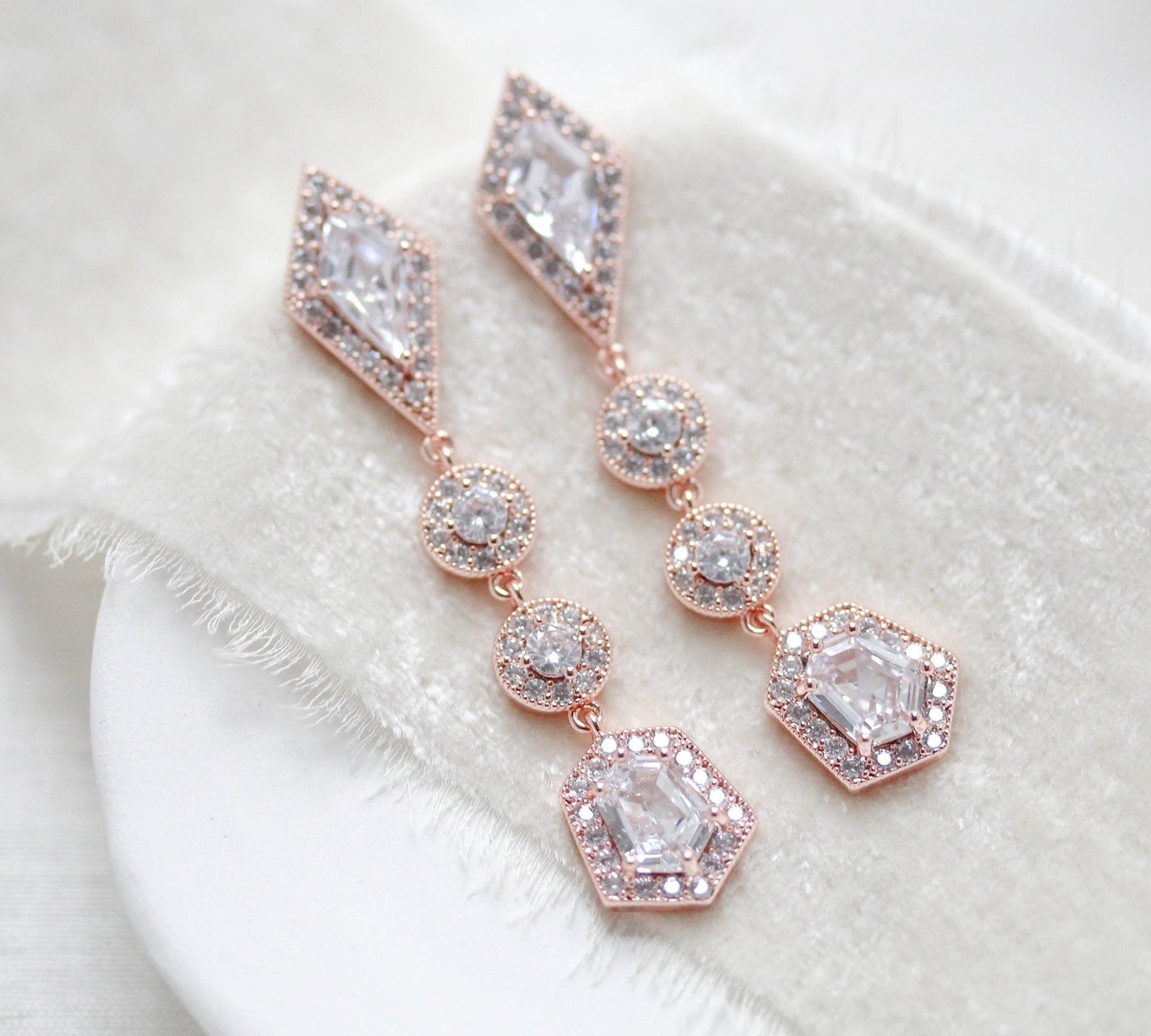 Long Rose gold Bridal earrings with Empress cut gemstones - MONROE