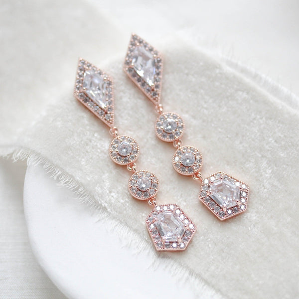 Long Rose gold Bridal earrings with Empress cut gemstones - MONROE