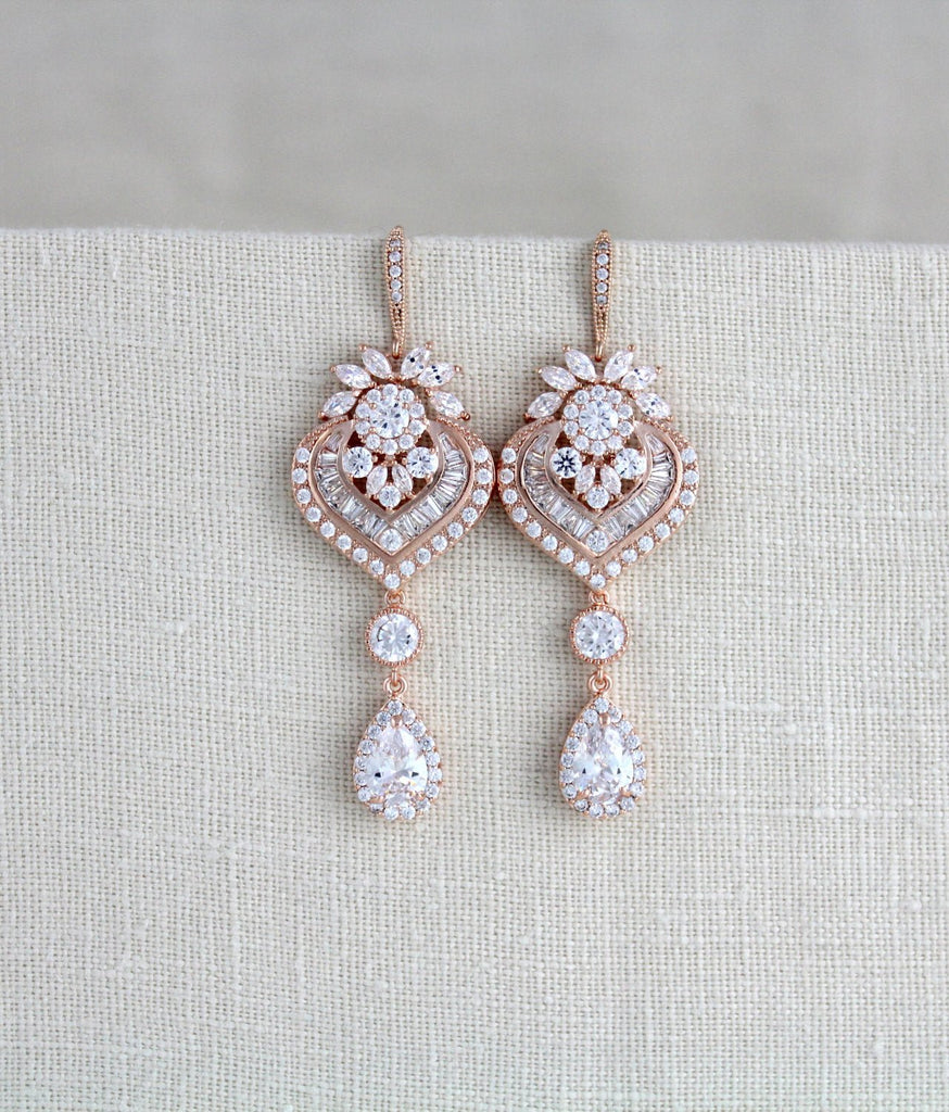 Long Rose gold chandelier Wedding earrings - EMMA - Treasures by Agnes