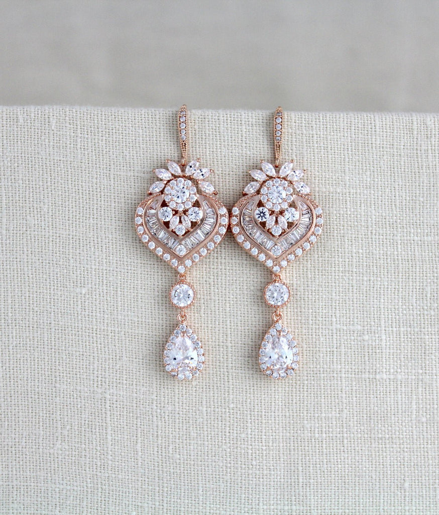 Long Rose gold chandelier Wedding earrings - EMMA - Treasures by Agnes