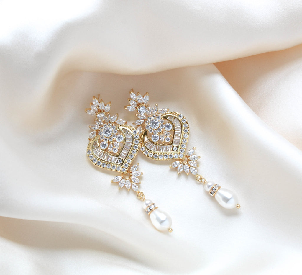Long rose gold Crystal and pearl chandelier wedding earrings - EMMA - Treasures by Agnes