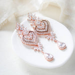 Long rose gold Crystal and pearl chandelier wedding earrings - EMMA - Treasures by Agnes
