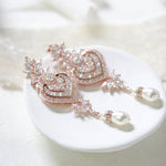 Long rose gold Crystal and pearl chandelier wedding earrings - EMMA - Treasures by Agnes