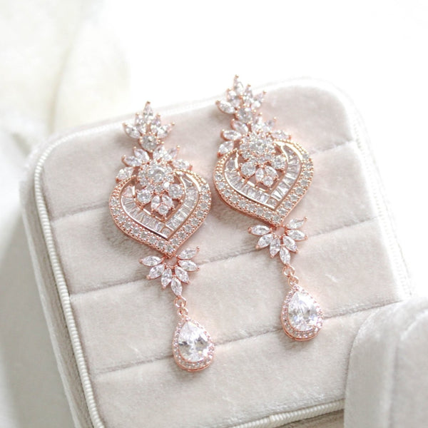 Long rose gold Crystal and pearl chandelier wedding earrings - EMMA - Treasures by Agnes
